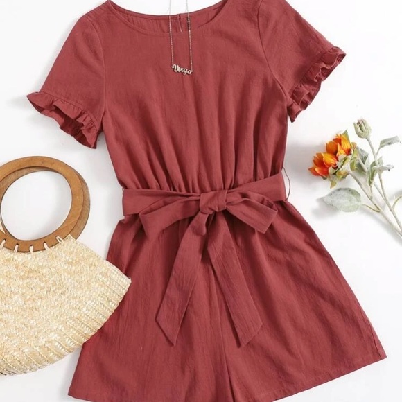 Split back ruffle sleeve boat neck high waist self belted romper.
